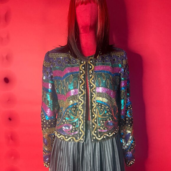 Vintage Laurence Kazar Silk Sequin Blazer – 1980s Art Deco Party Jacket - Picture 3 of 12
